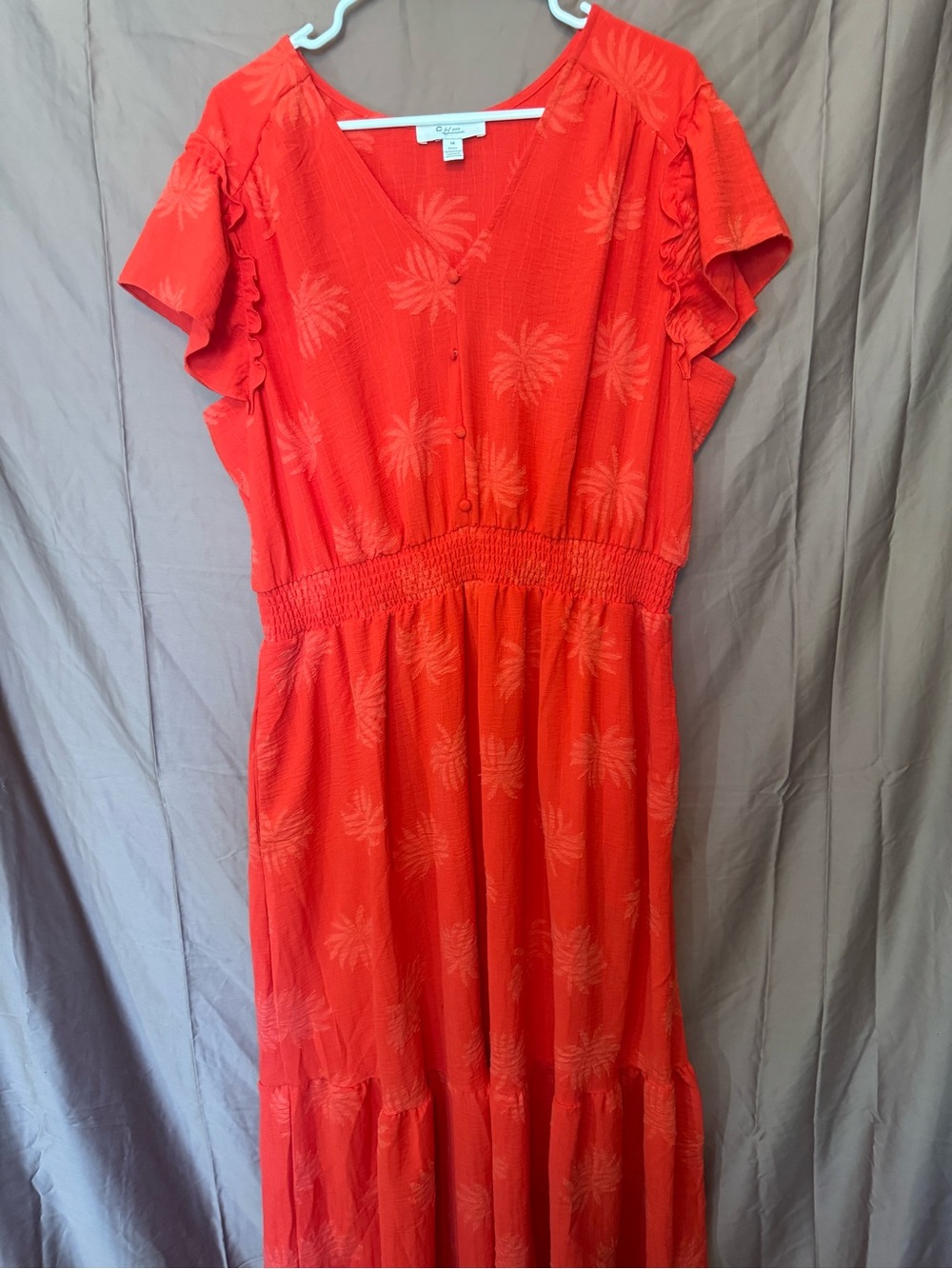 Women's Red Maxi Dress with Smocked Waist and Ruffle Sleeves